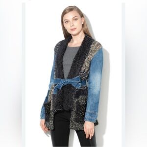 Desigual "Constanza" patchwork knit and denim cardigan.